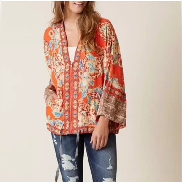 FREE PEOPLE Orange Multi Floral‎ Wildflower Kimono Full Zip Jacket  SZ XS - Picture 1 of 14